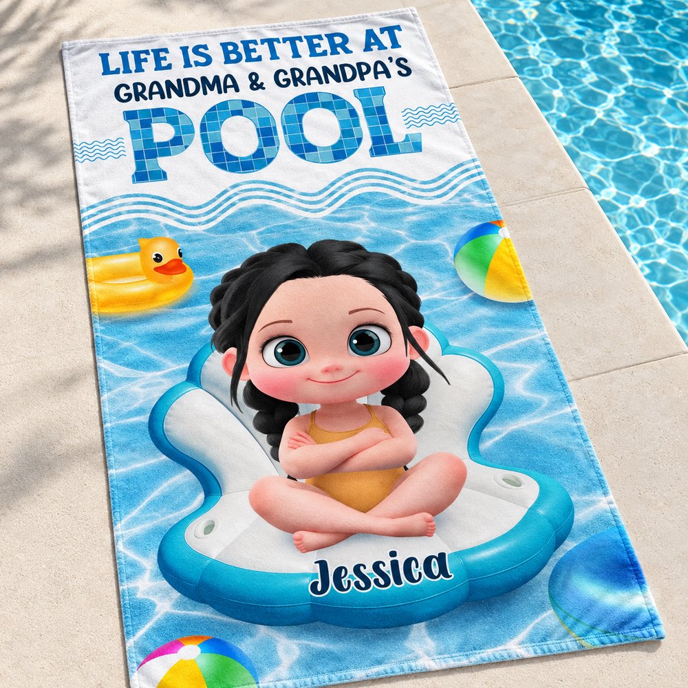 Close-up of fabric texture and print on custom Grandma pool beach towel