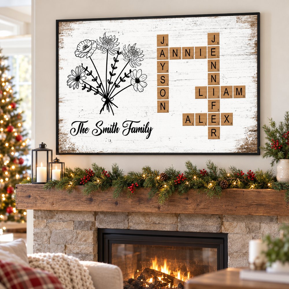 Birth Flower Family Crossword canvas print hanging above a holiday fireplace mantel