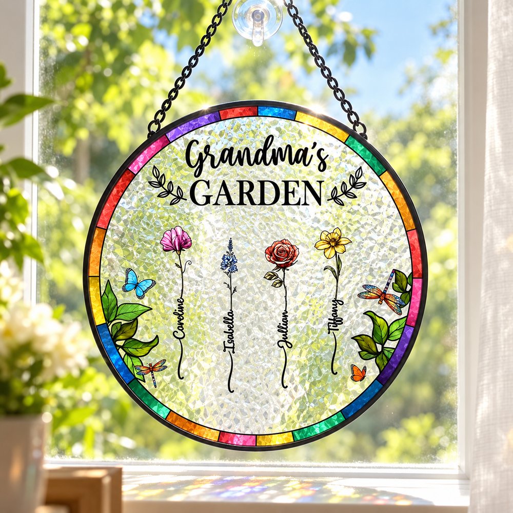 Grandmas Garden stained glass suncatcher hanging in a bright sunlit living room window