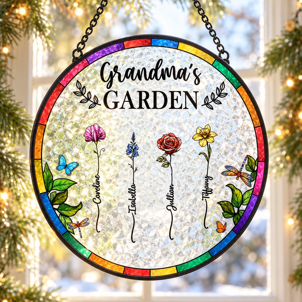 Personalized Grandma's Garden stained glass suncatcher hanging in a sunlit holiday window