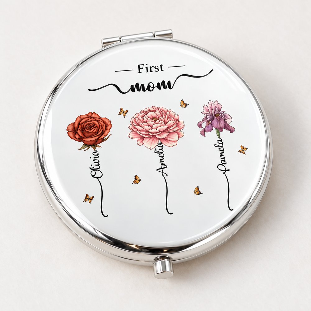 Close-up detail of personalized birth month flower compact mirror print and metal clasp
