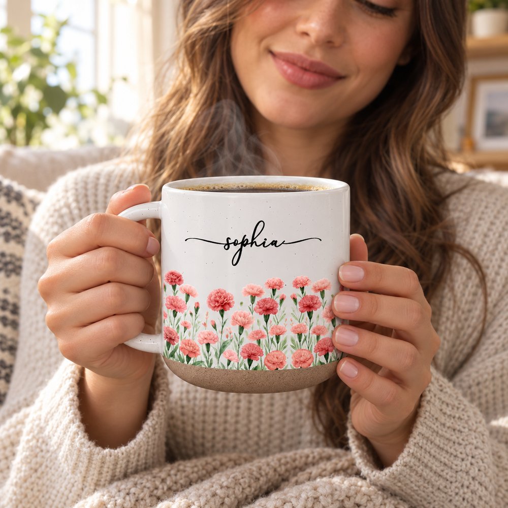 Woman holding personalized birth month flowers speckled pottery mug with steam rising