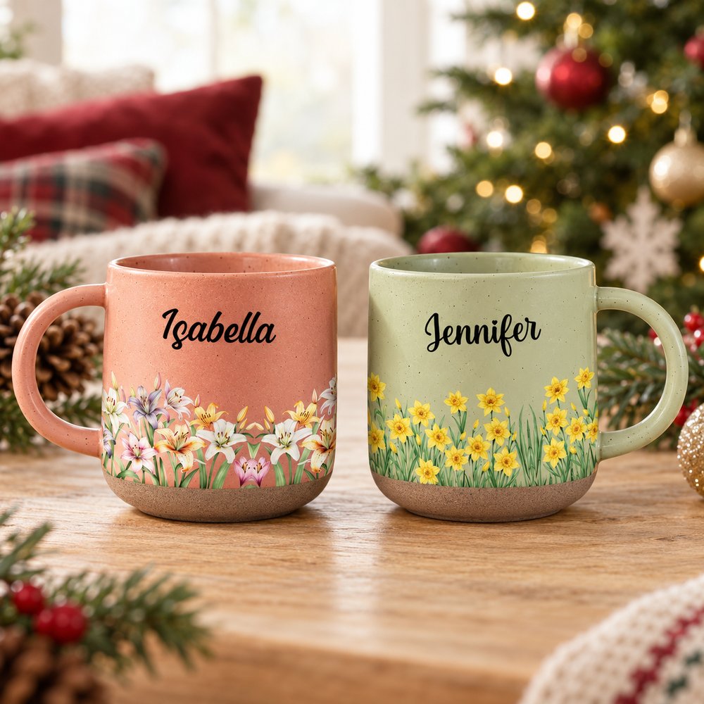 Two personalized birth month flower pottery mugs on table near holiday tree
