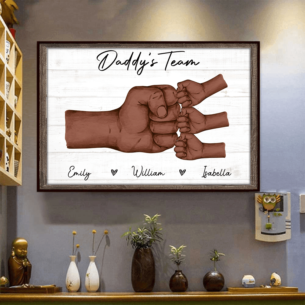 Personalized Fist Pump Black Daddy & Kids poster, framed in a bright living room