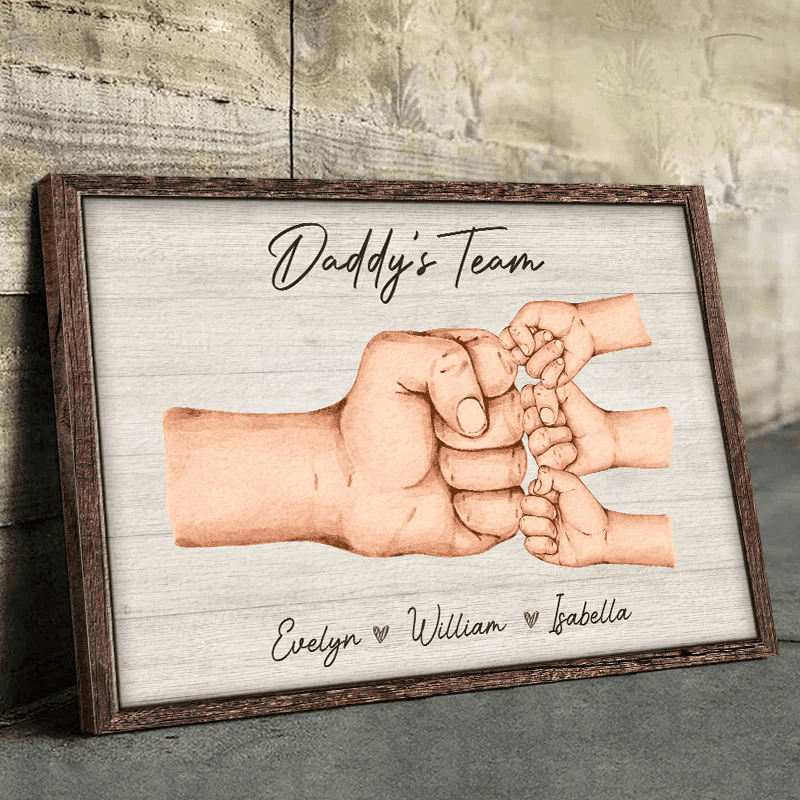 Personalized Daddy & Kids Fist Bump canvas print, size options shown on a sofa wall