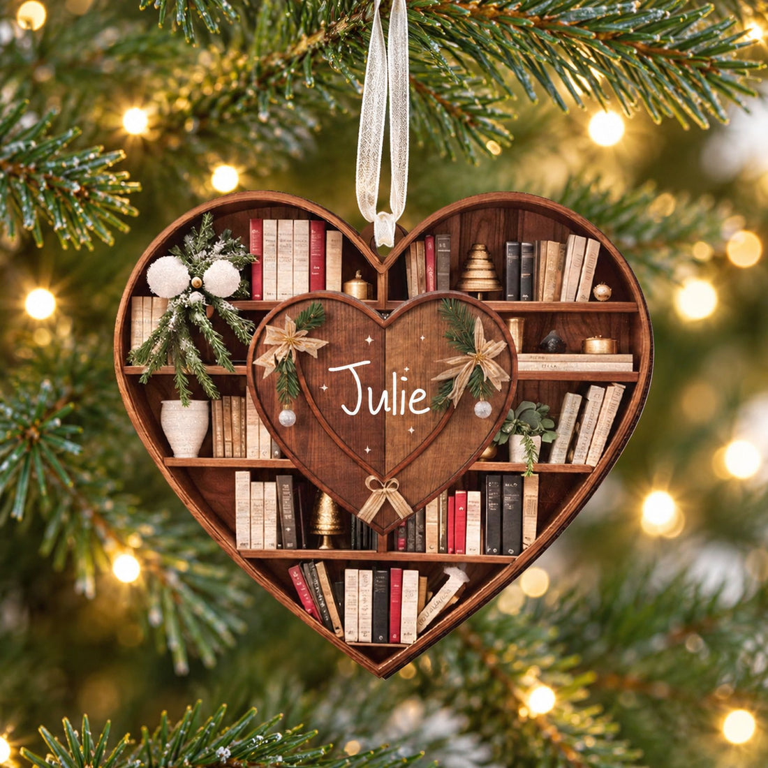 Personalized bookshelf heart wood ornament hanging on a Christmas tree branch with warm holiday lights