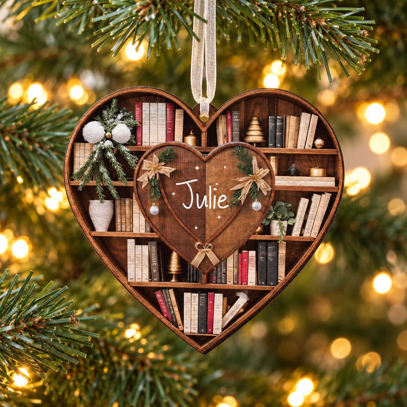 Personalized bookshelf heart wood ornament Julie hanging on a Christmas tree branch