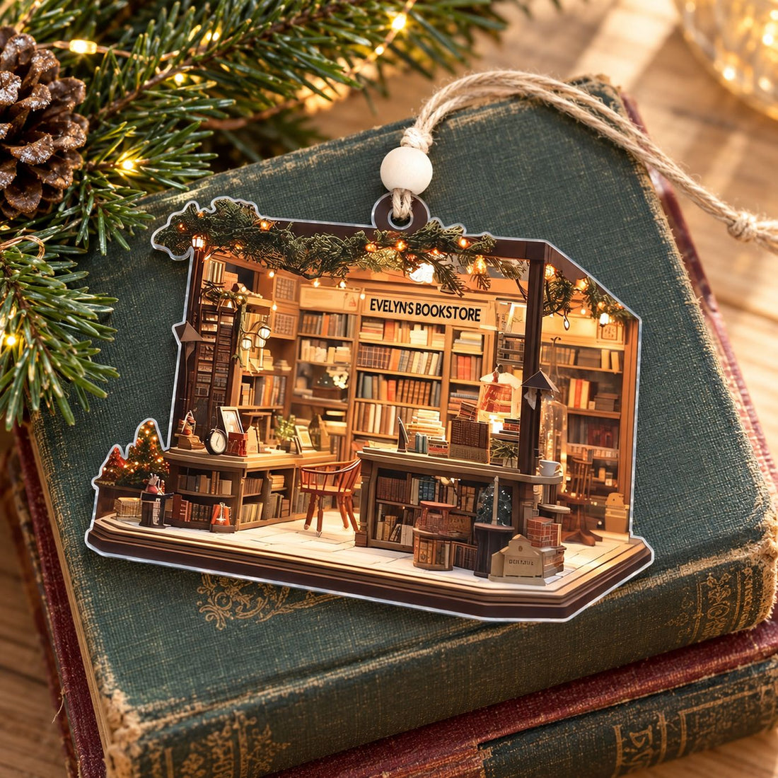 Personalized bookstore flat acrylic ornament lying on vintage books with Christmas pine decor