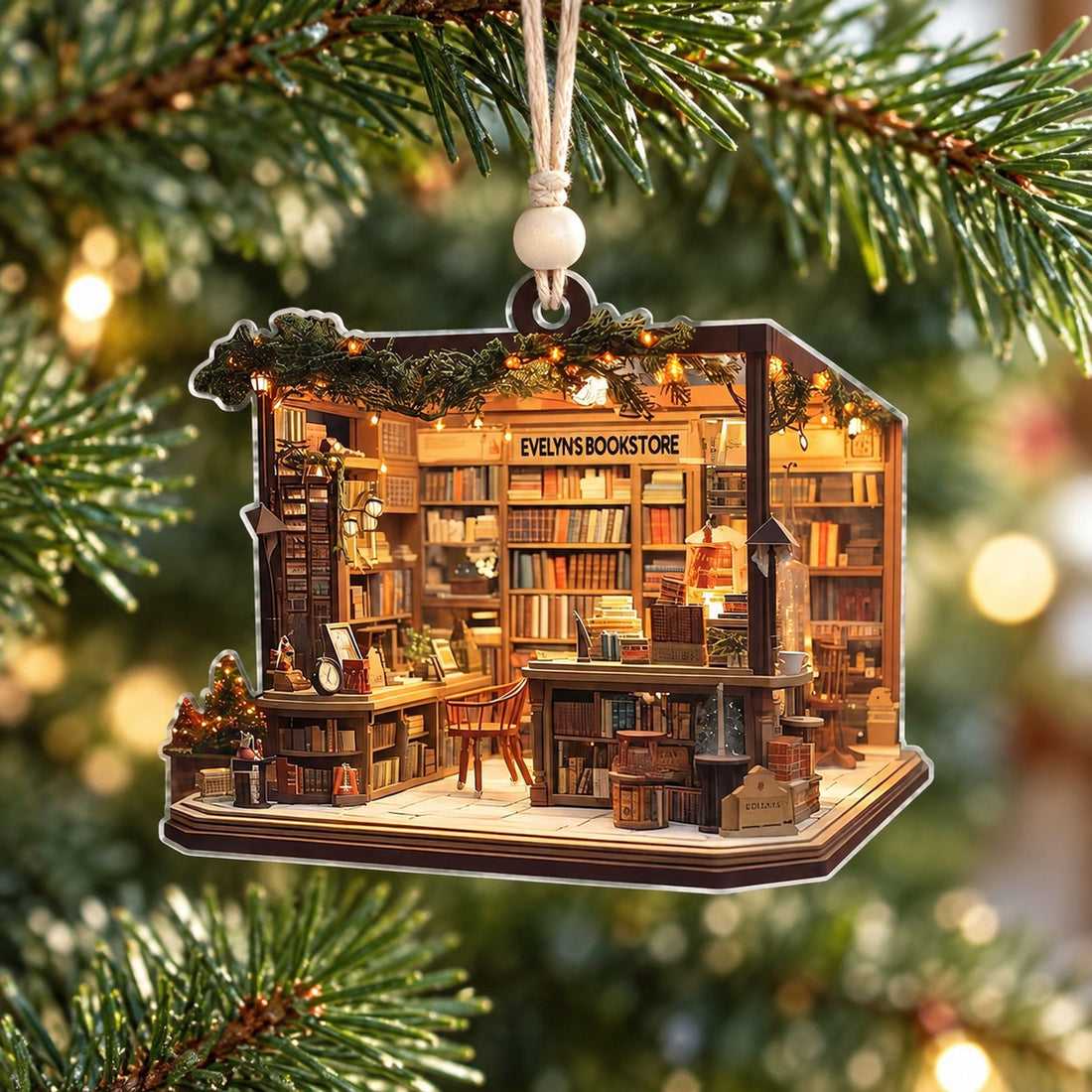 Custom shaped bookstore acrylic ornament hanging on a Christmas tree branch