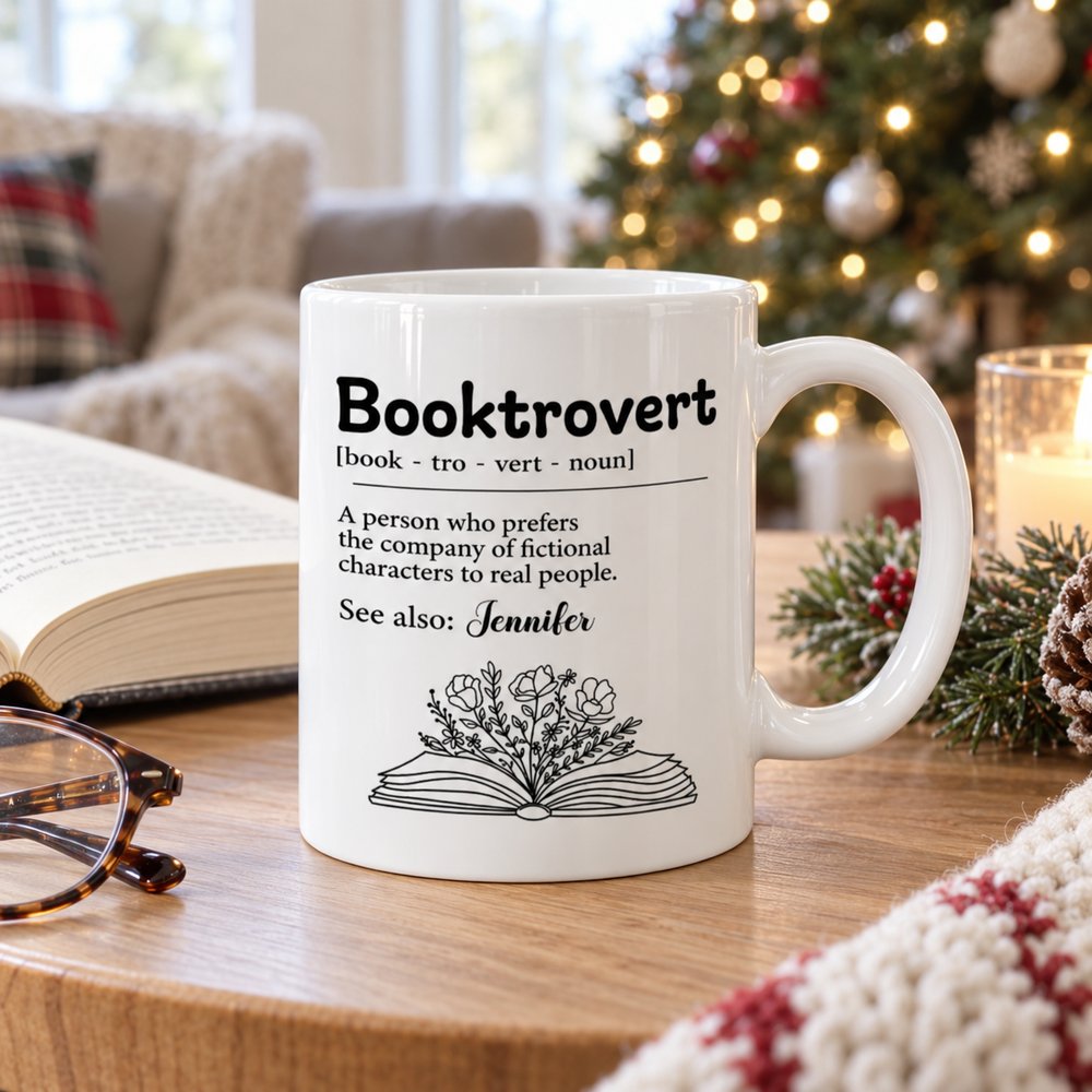 Personalized Booktrovert white ceramic mug on a side table with an open book and Christmas tree background