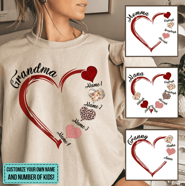Red Heart Design | Personalized Tshirts Gift For Mom, Mother, Grandma, Grandmother, Mother's Day, Valentine's Day Family
