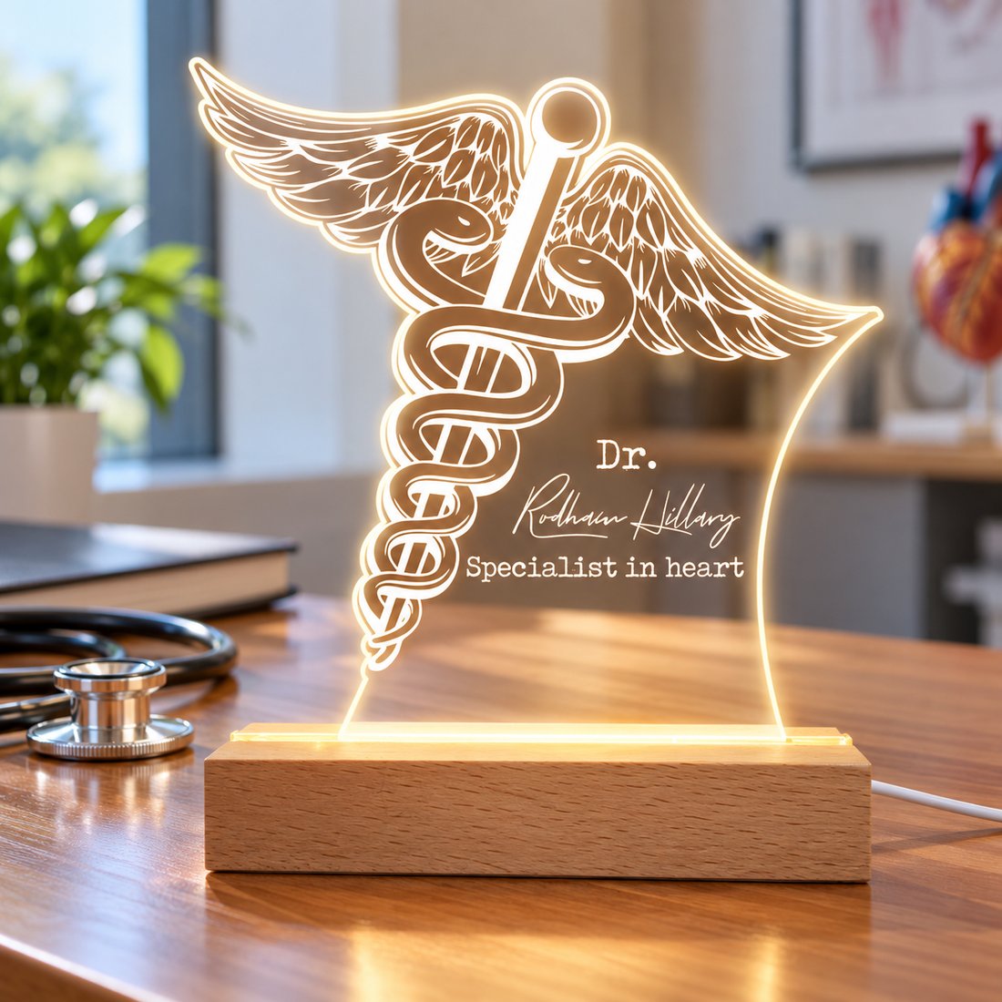 Personalized Caduceus acrylic LED lamp glowing on a doctor desk next to a stethoscope