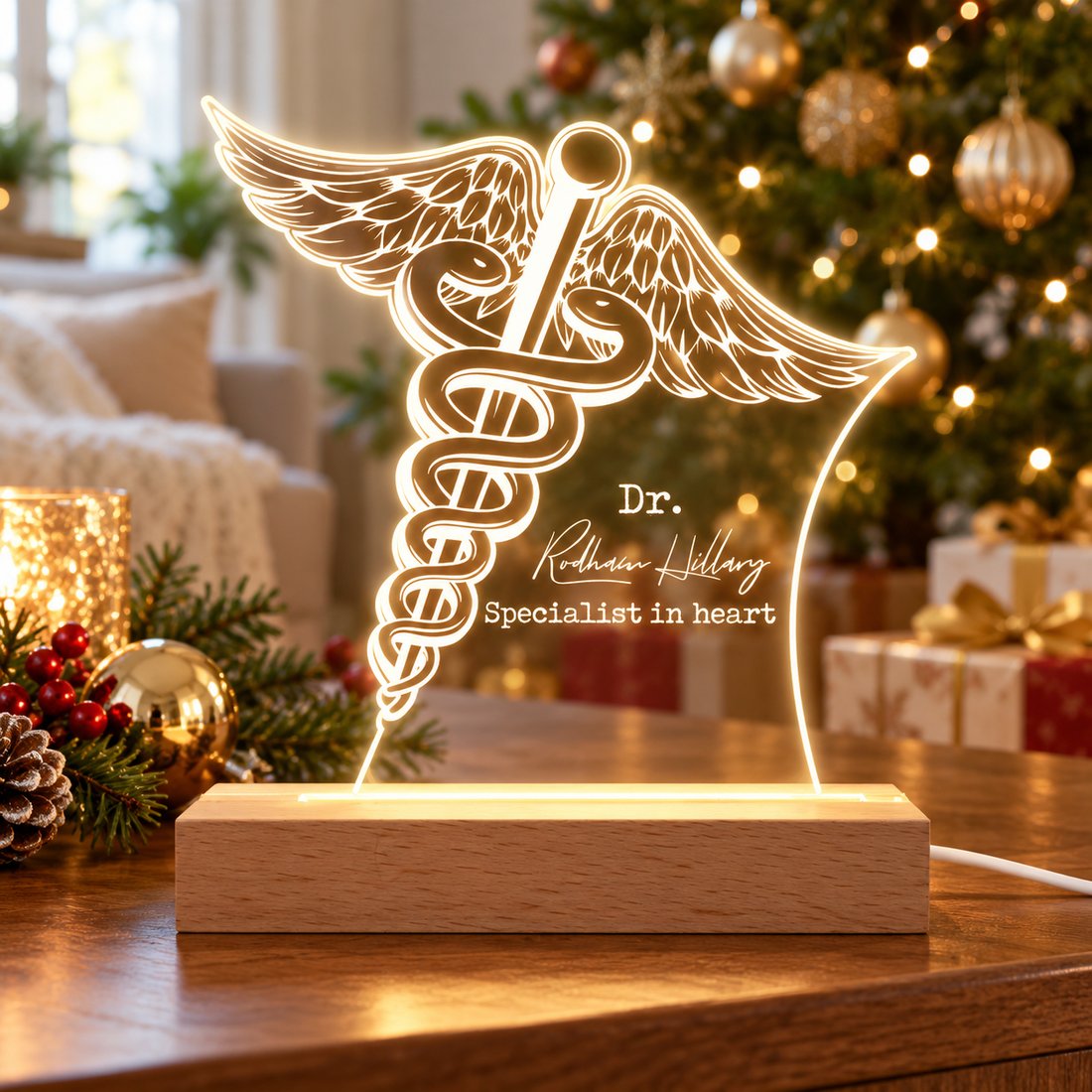 Custom Doctor Caduceus LED night light on a side table with Christmas tree in background