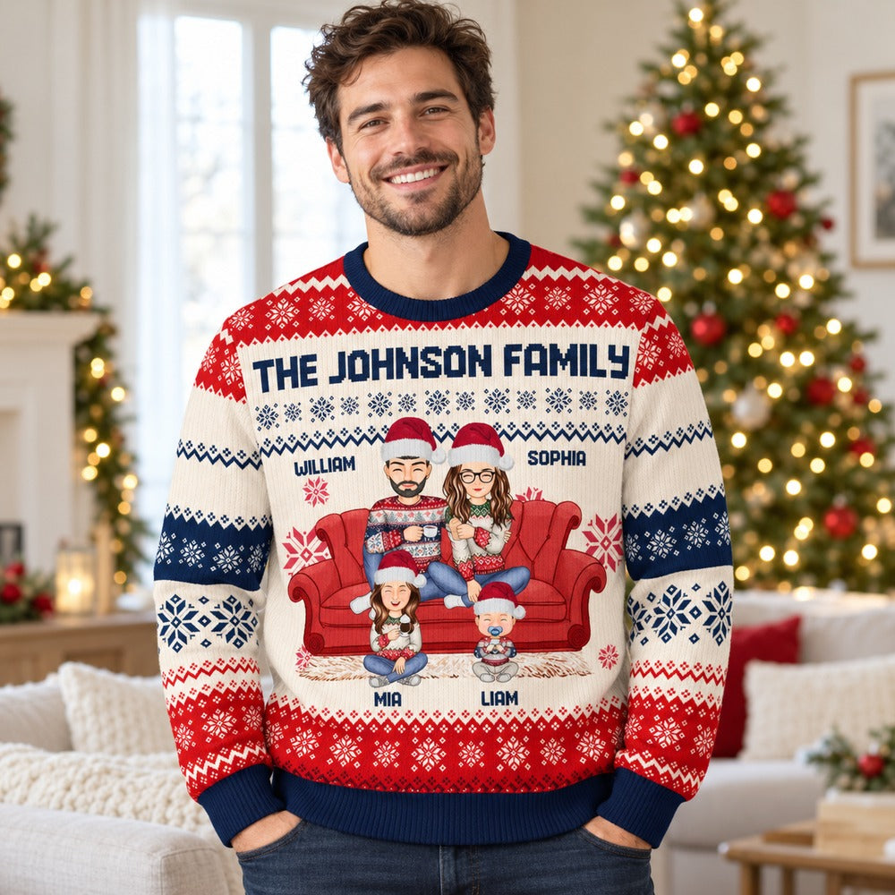 Man wearing personalized Johnson Family ugly Christmas sweater with cartoon couple and kids