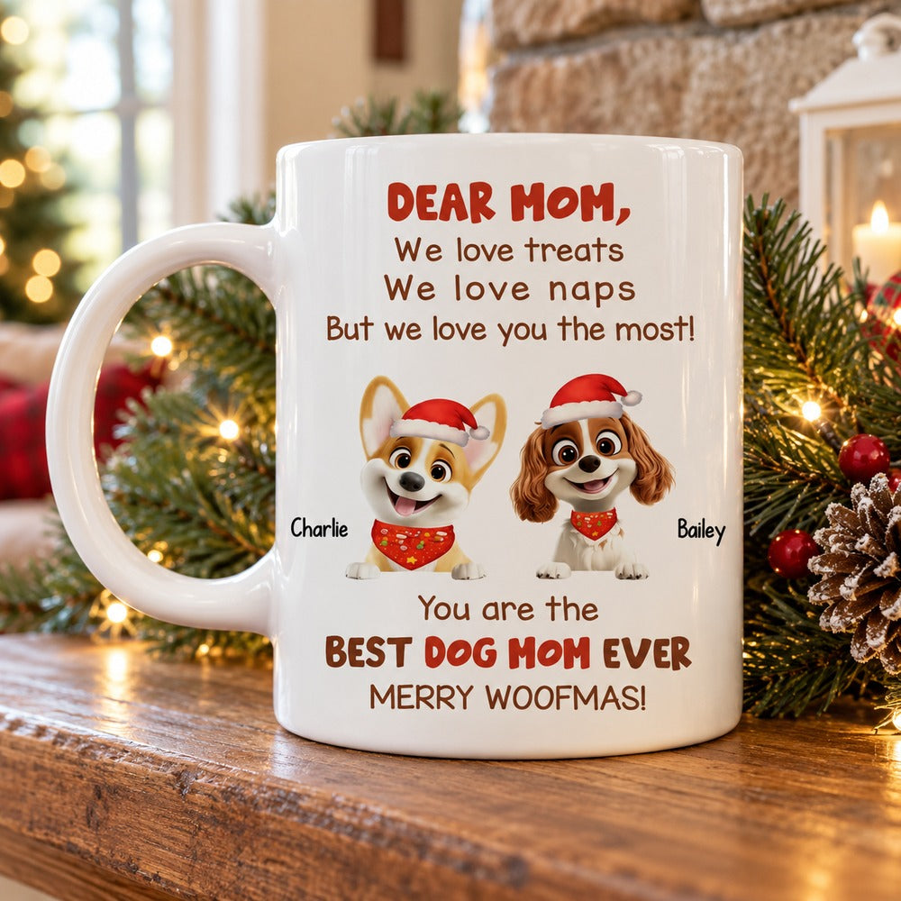 Cartoon Dog Christmas personalized mug with Charlie and Bailey on a holiday mantel