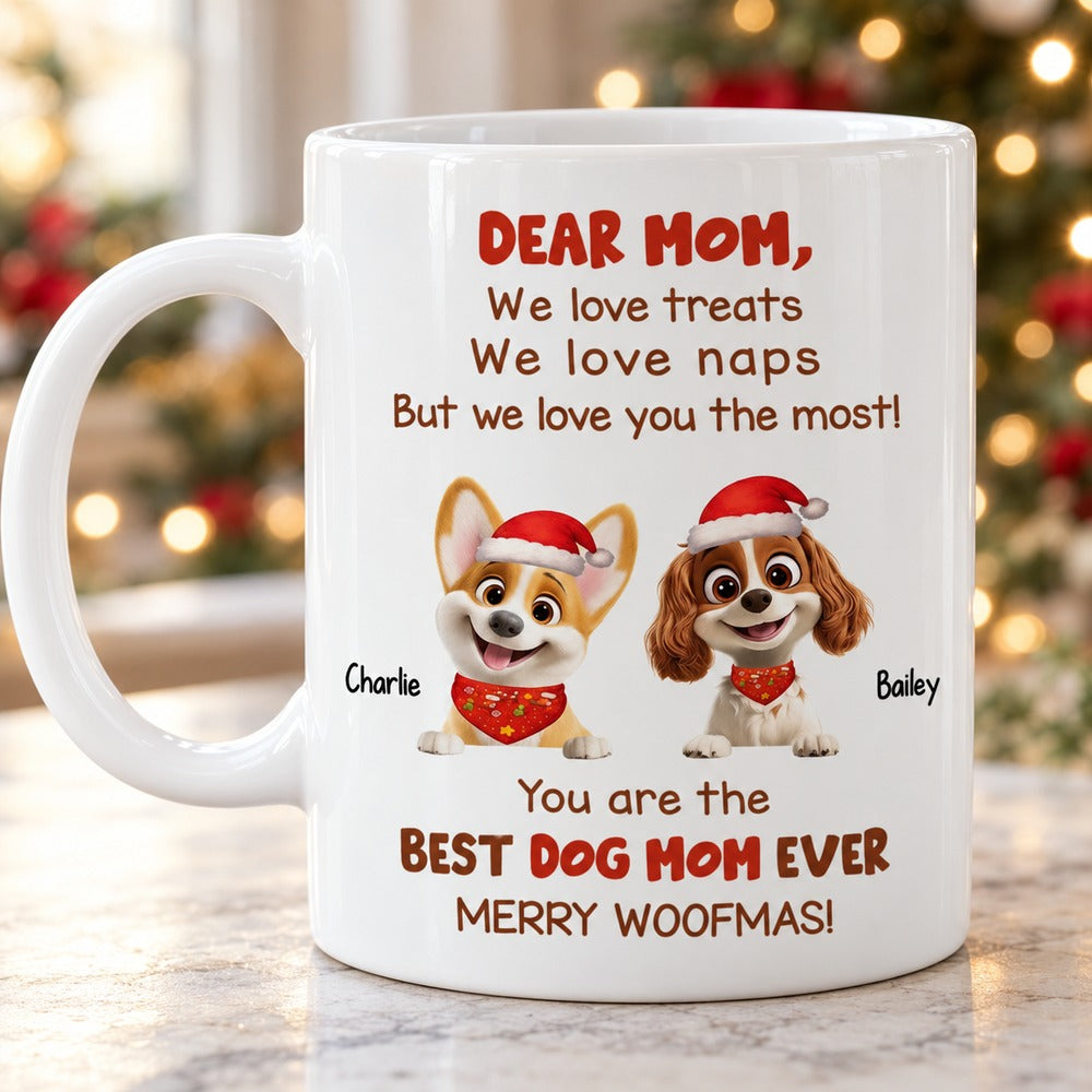 Close-up detail of Cartoon Dog Christmas mug print and glossy ceramic finish
