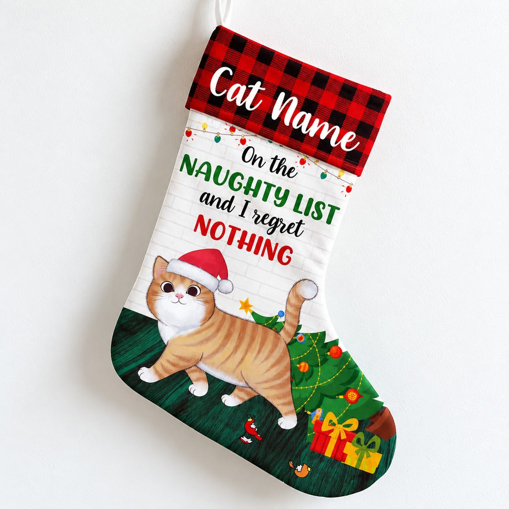 Close-up detail of the print texture and plaid cuff on the custom cat Christmas stocking