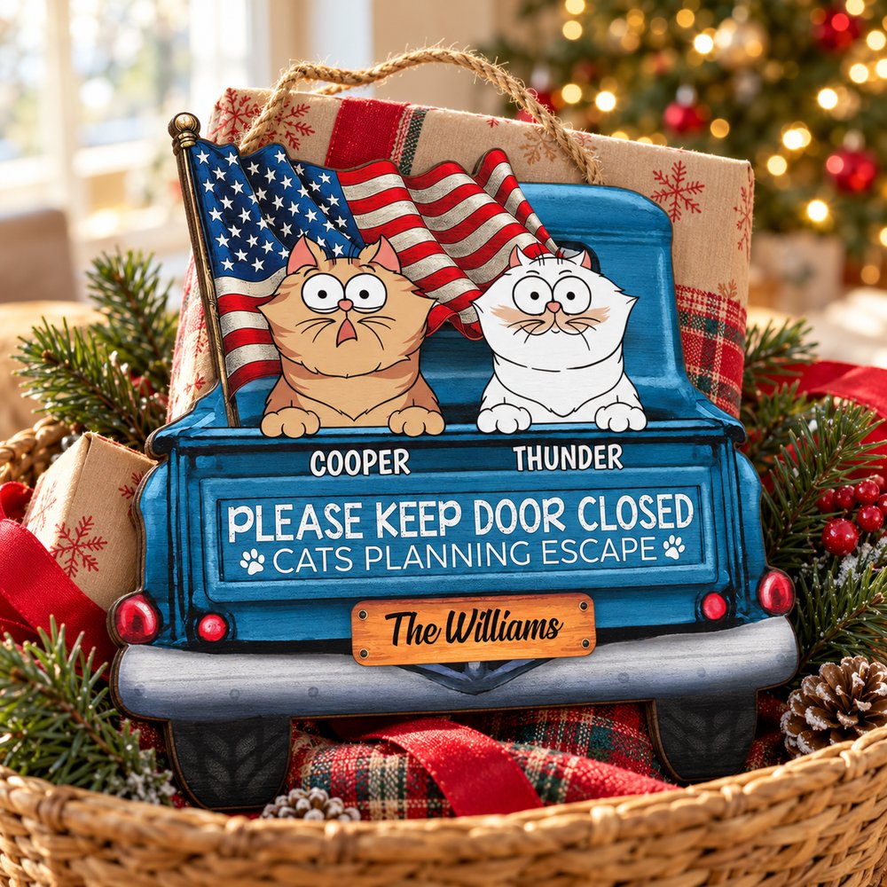 Patriotic cat lover custom shaped wood sign displayed in a bright Christmas morning gift scene