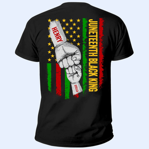 Celebrate Juneteenth African American Dad Raised Fist Bump - Personalized Custom Back Printed T Shirt - Father's Day Gift for Black King, Grandpa, Daddy, Dada, Dad Jokes - Suzitee Store