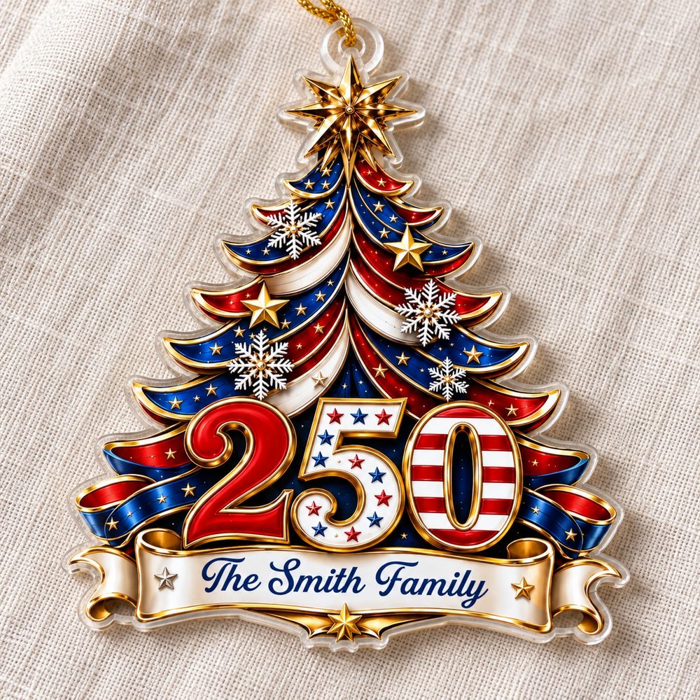Macro closeup of custom shaped acrylic ornament showing glossy edge and patriotic print