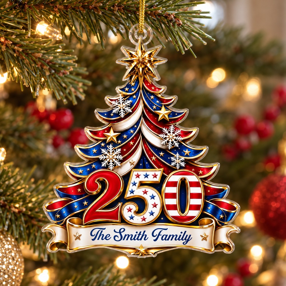 America 250th personalized acrylic ornament The Smith Family hanging on a Christmas tree branch