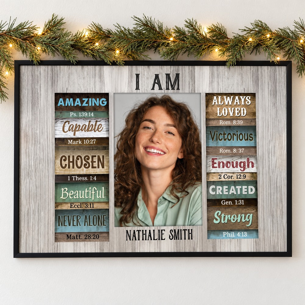 Personalized Christian I Am Bible verse framed poster hanging on wall with holiday garland