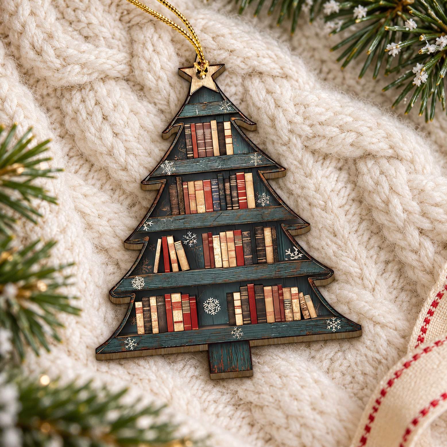 Christmas Book Tree wood ornament lying flat on a cream knit blanket with pine sprigs