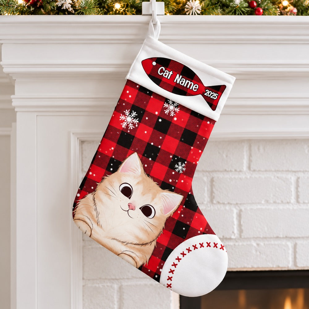 Close-up detail of personalized fish tag and plaid print on cat Christmas stocking
