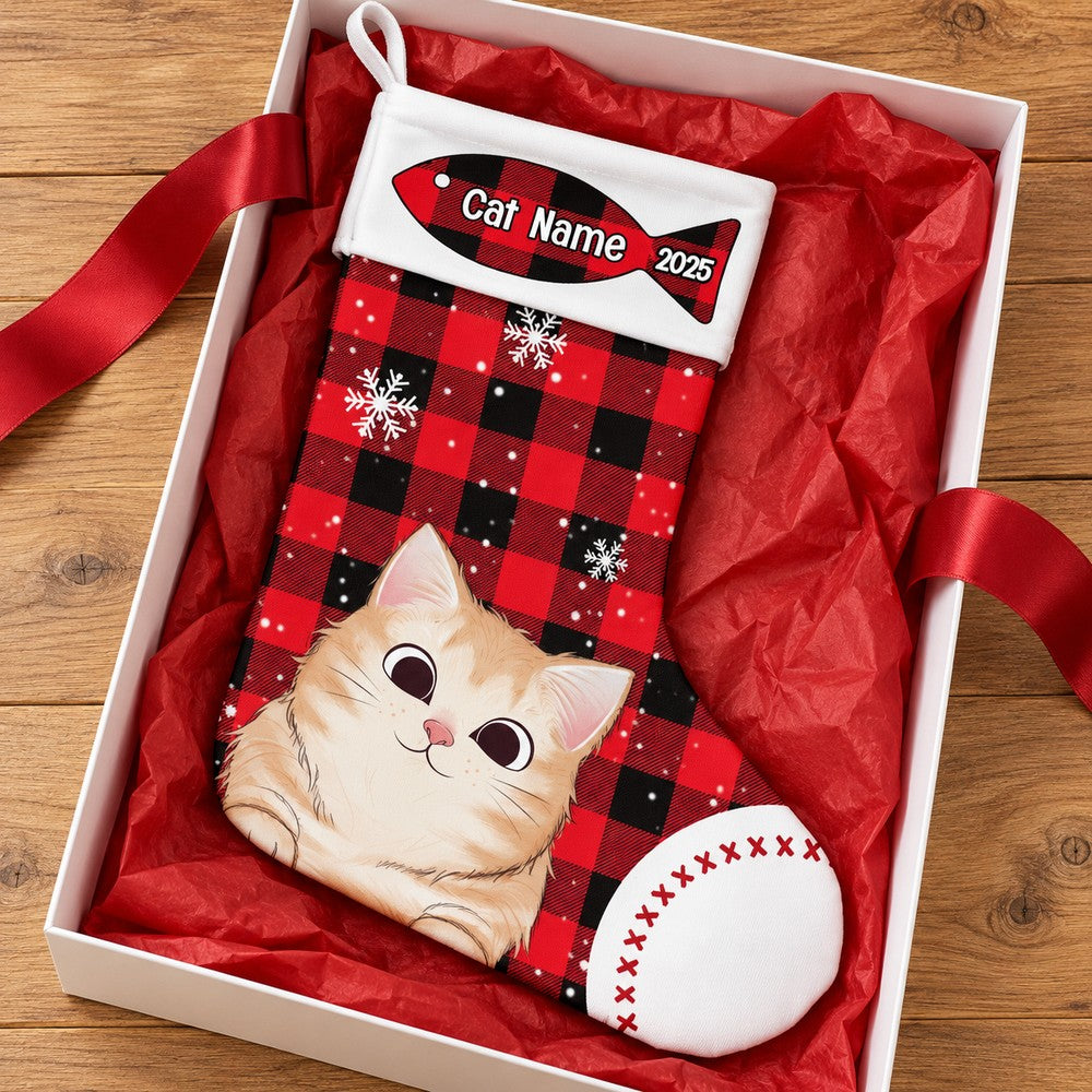 Custom cat Christmas stocking presented in an open holiday gift box with ribbon
