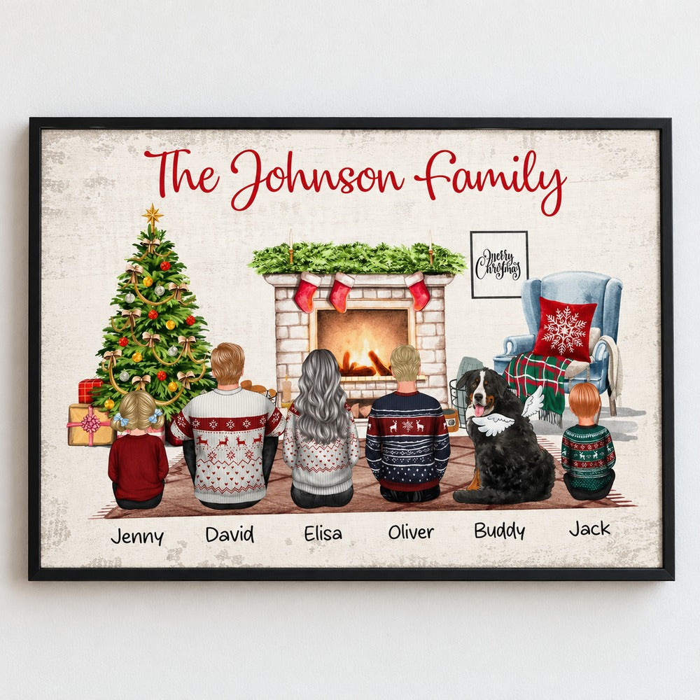 Close-up detail of personalized Christmas family poster texture and printed names