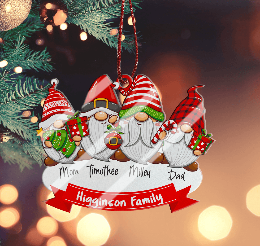 Christmas Family Gnome Ornament personalized custom shaped acrylic ornament, alternate view 2