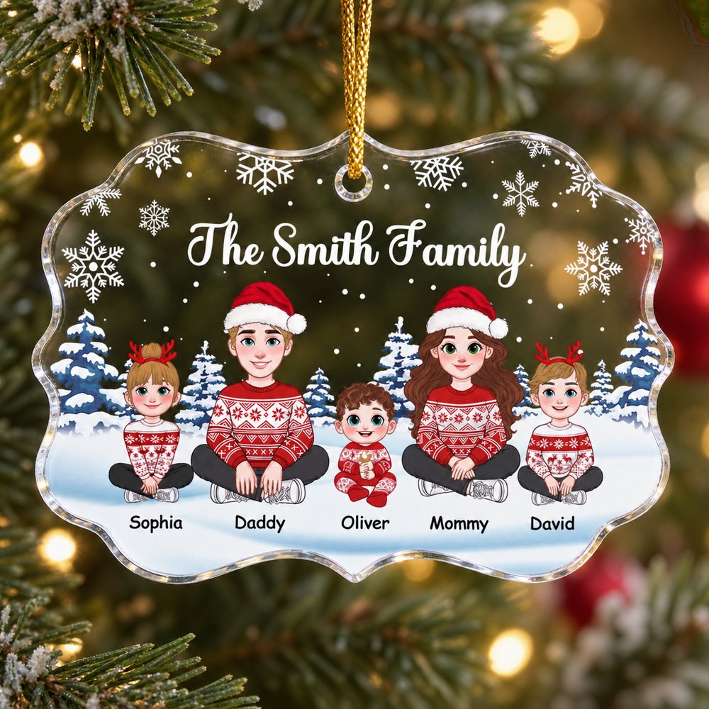 Close-up detail of personalized medallion acrylic ornament print quality and glossy scalloped edge