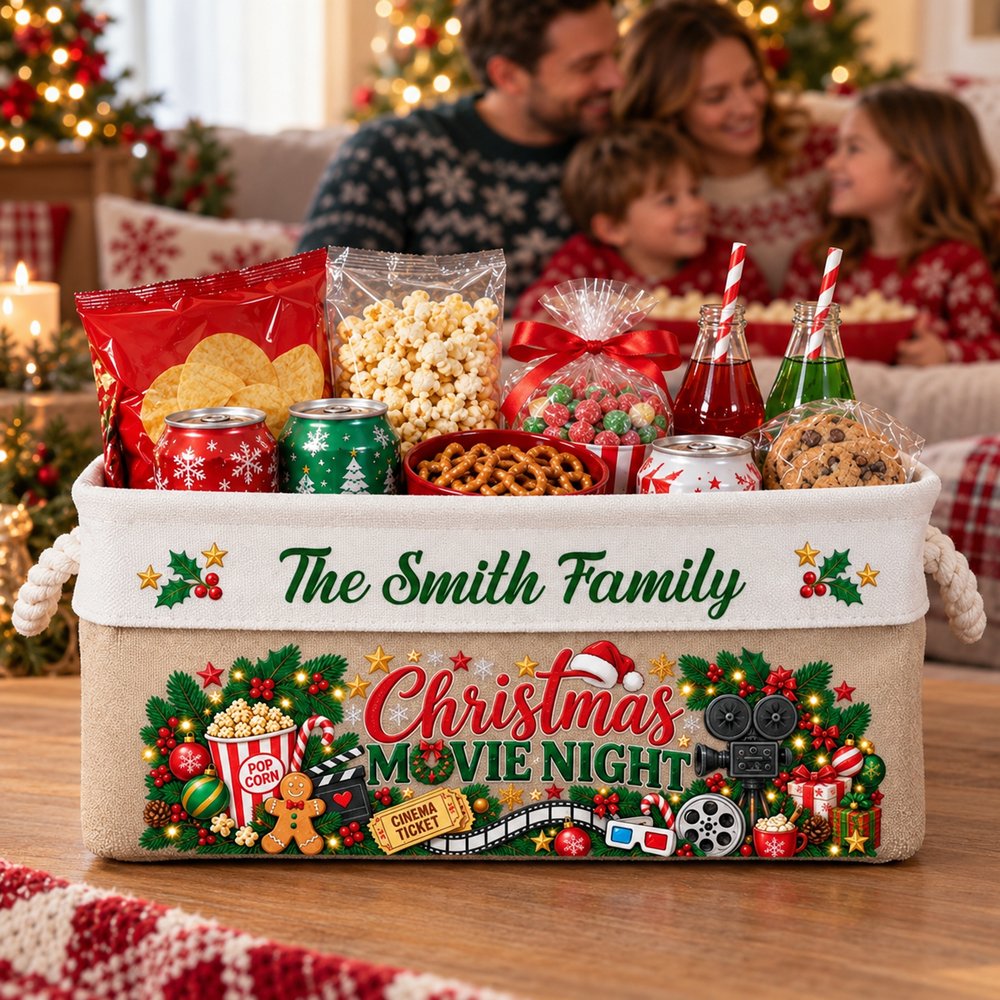Close-up of personalized Christmas Movie Night fabric storage basket print and rope handle