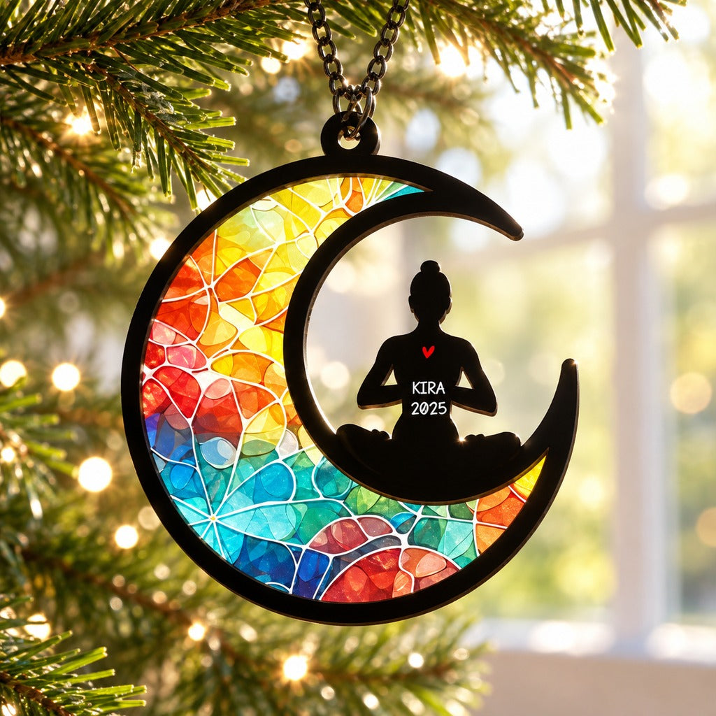 Christmas Namaste Yoga Personalized Window Suncatcher Ornament hanging on a Christmas tree branch