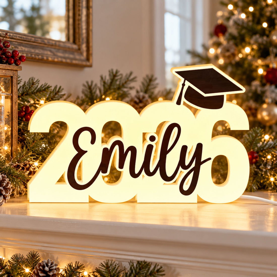 Personalized 2026 graduation acrylic light box displayed on a bright holiday mantel