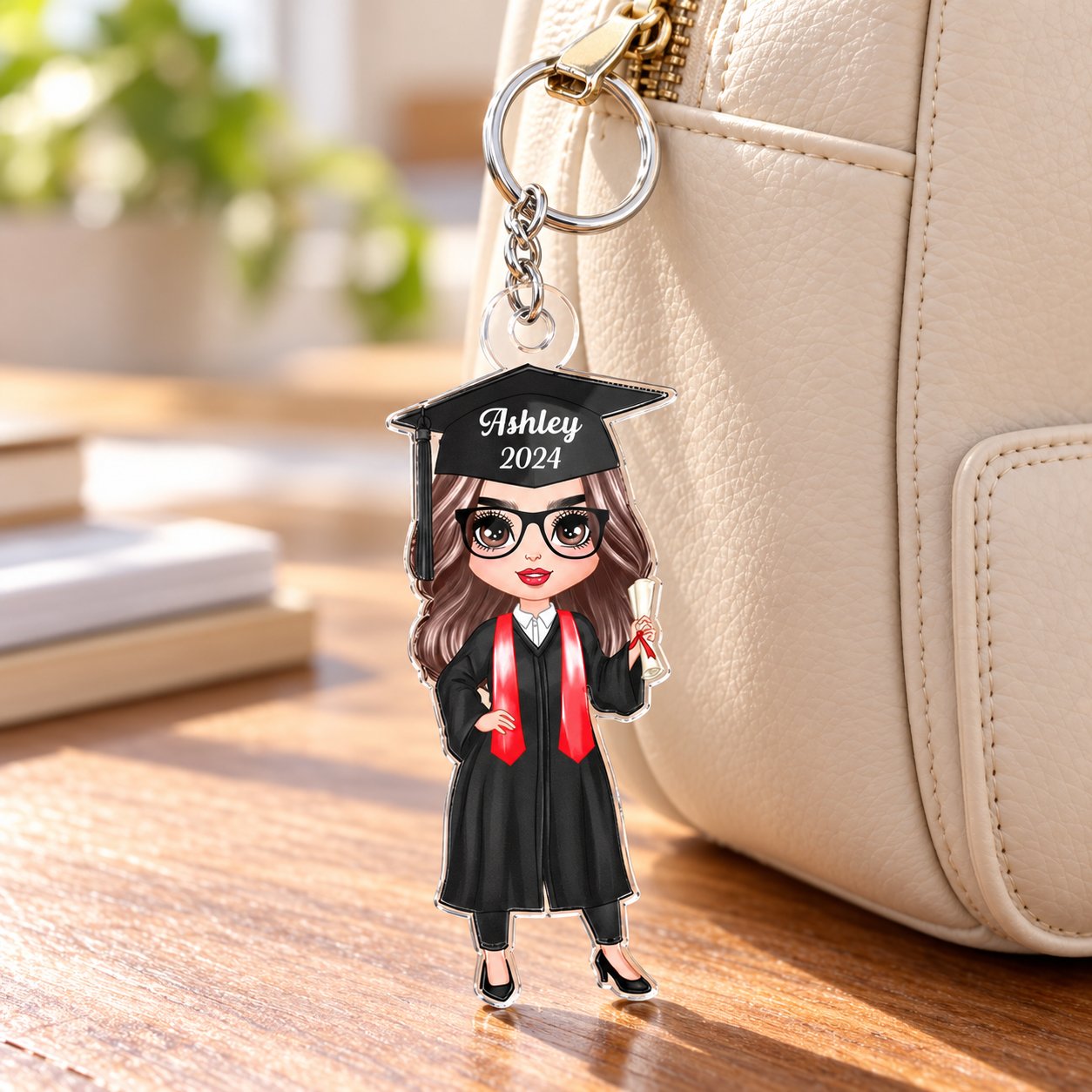 Personalized senior graduation acrylic keychain hanging on a cream leather backpack zipper