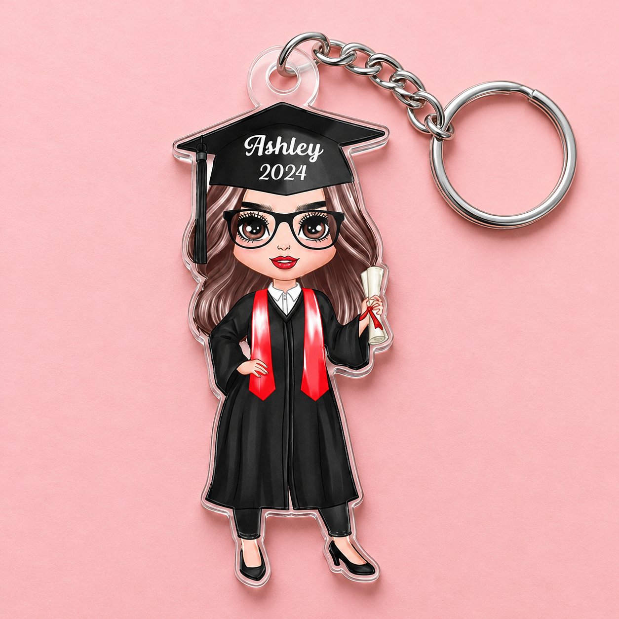 Macro close-up of personalized graduation acrylic keychain print quality and 3mm acrylic edge