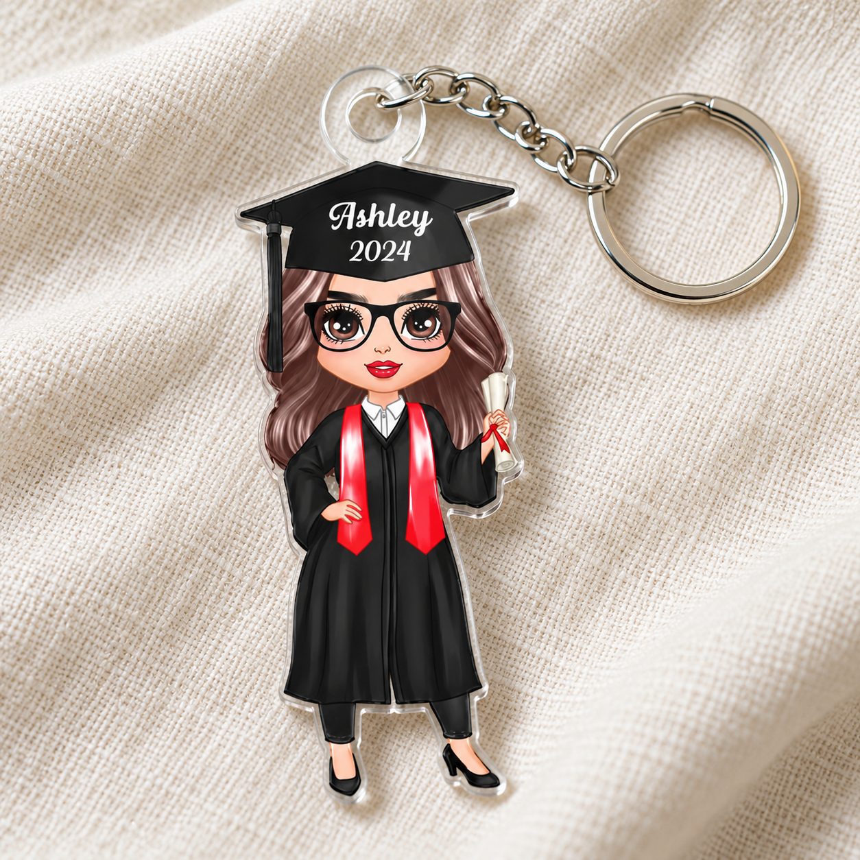 Personalized graduation acrylic keychain macro closeup showing glossy 3mm cut edge and print detail