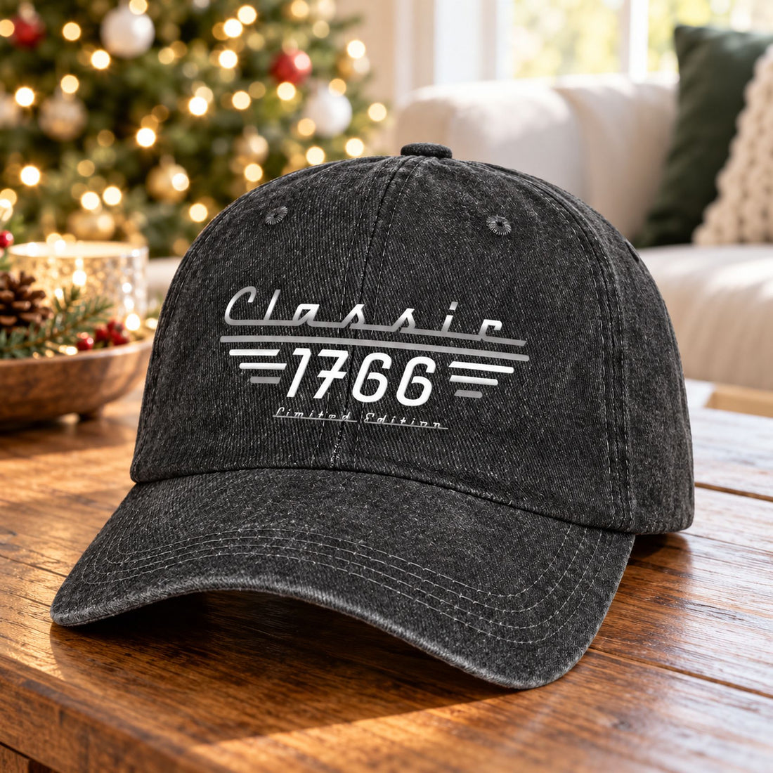 Personalized Classic Limited Edition vintage washed denim cap in holiday room
