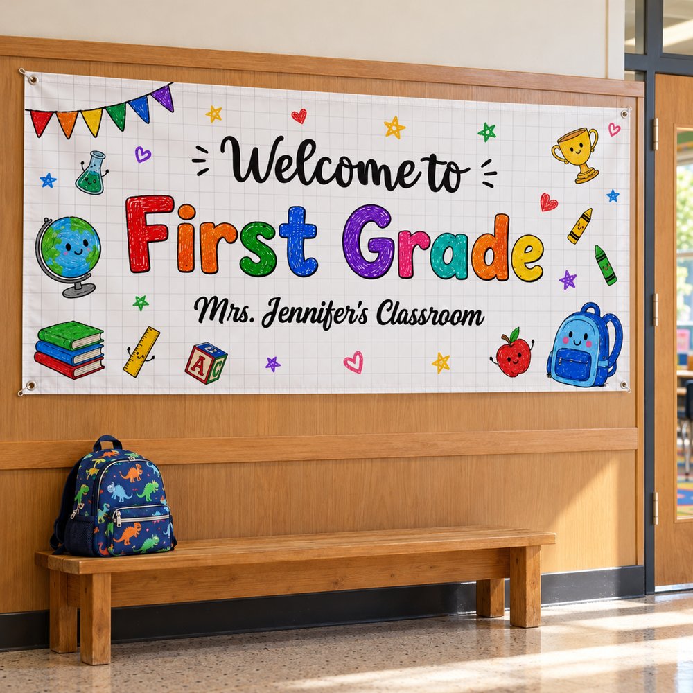 Personalized teacher classroom banner hung in school hallway next to classroom door