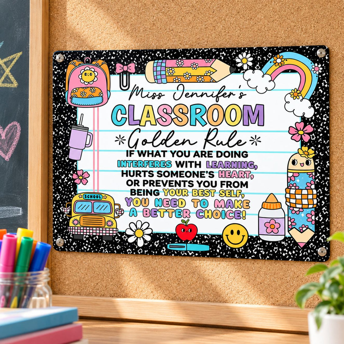 Personalized Classroom Golden Rule metal sign mounted on a bright teacher classroom wall