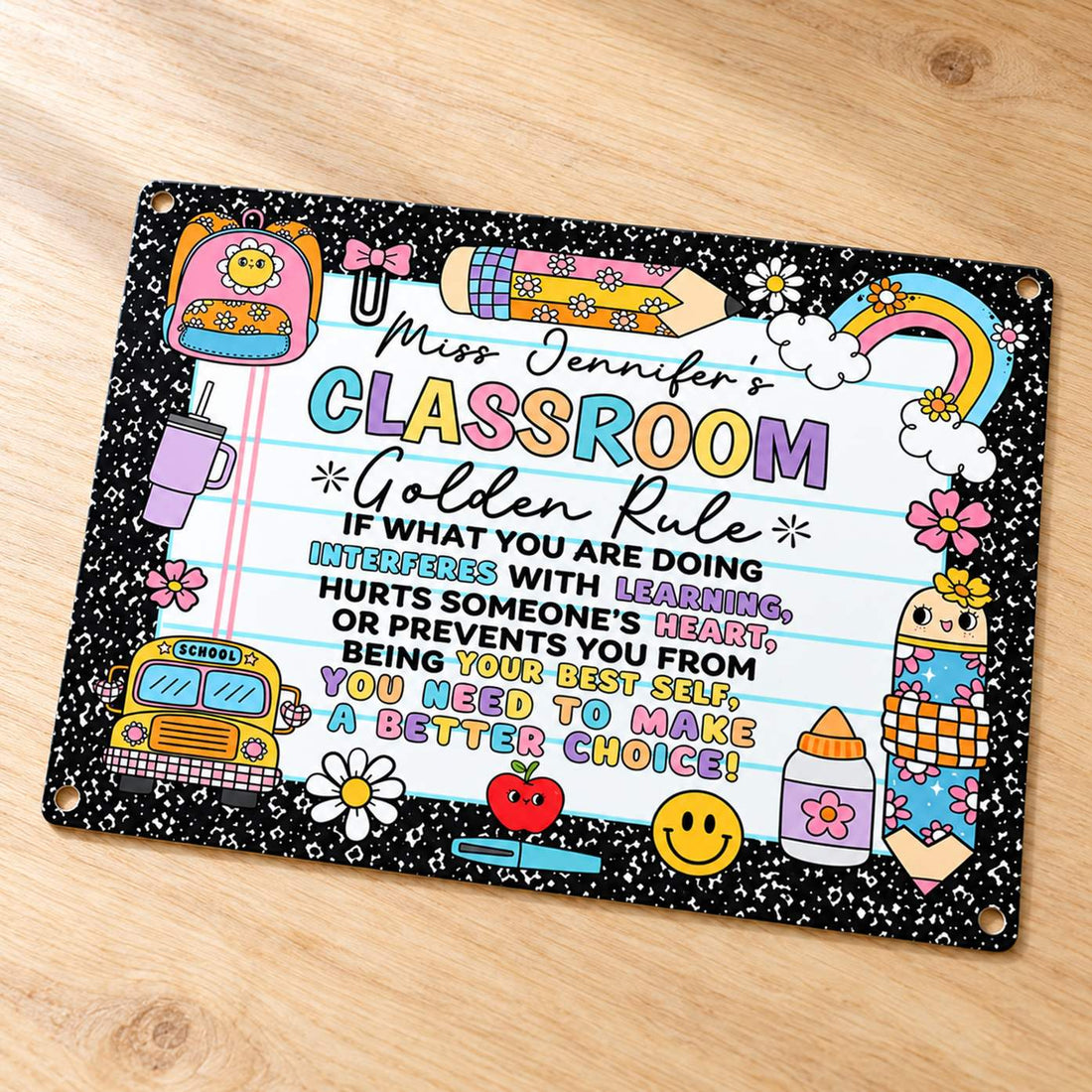 Close-up detail of personalized classroom golden rule metal sign showing print texture and corner hole