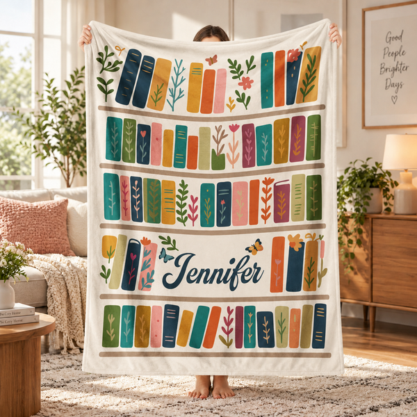 Custom Name Bookshelf - Personalized Custom Blanket - Gift For Book Lovers, Bookworms, Readers