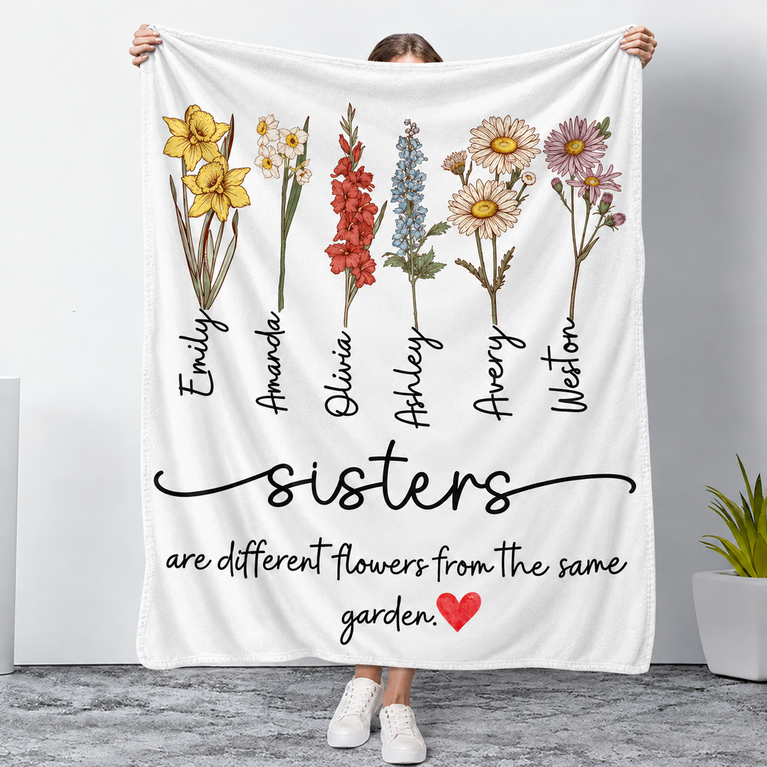 Custom Name Sisters Birth Flower - Personalized Custom Blanket - Gift For Sisters, Siblings