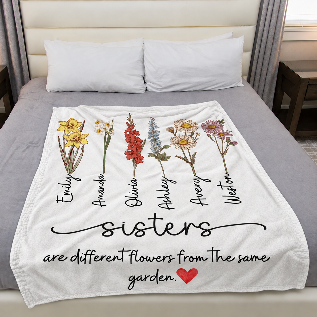 Custom Name Sisters Birth Flower - Personalized Custom Blanket - Gift For Sisters, Siblings