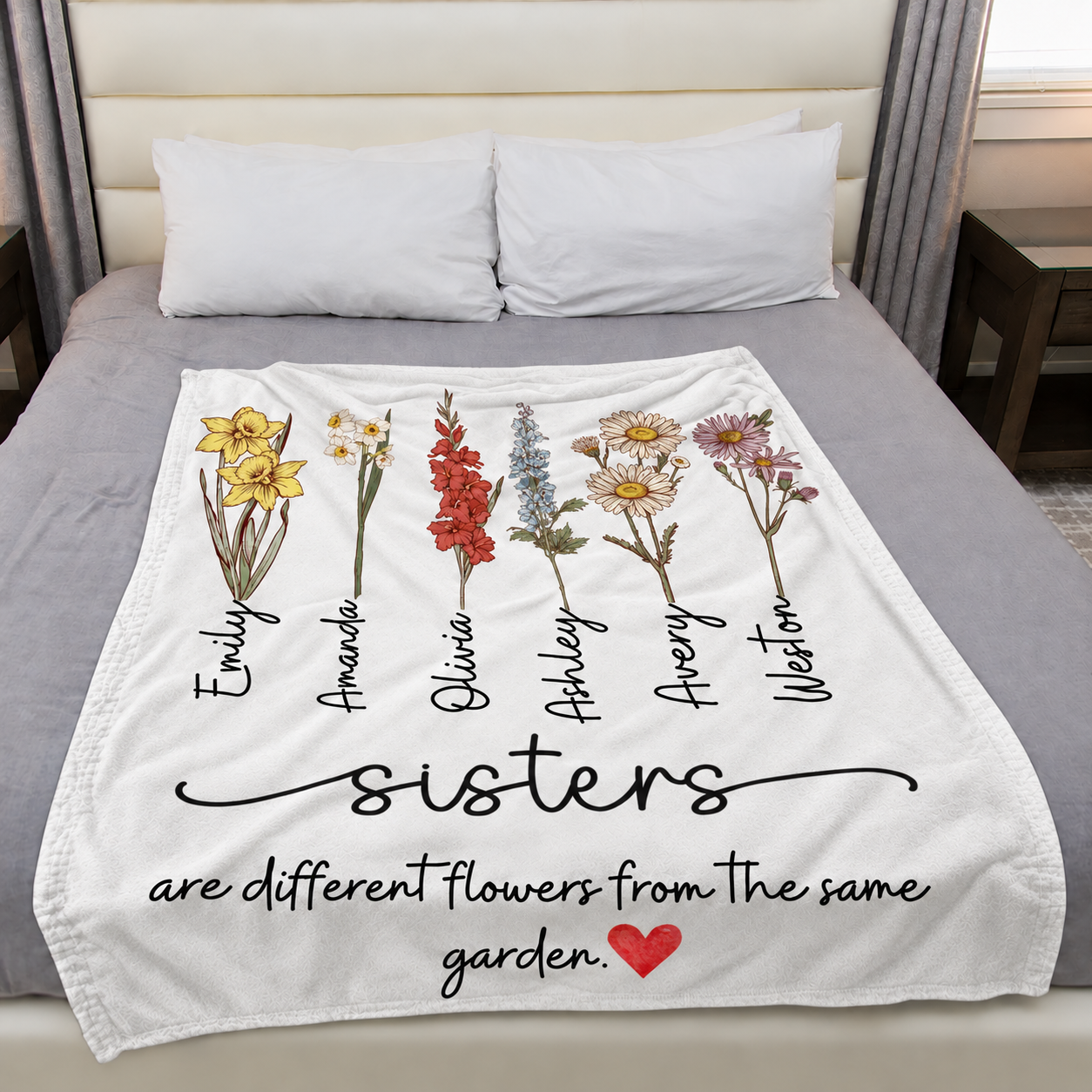 Custom Name Sisters Birth Flower - Personalized Custom Blanket - Gift For Sisters, Siblings