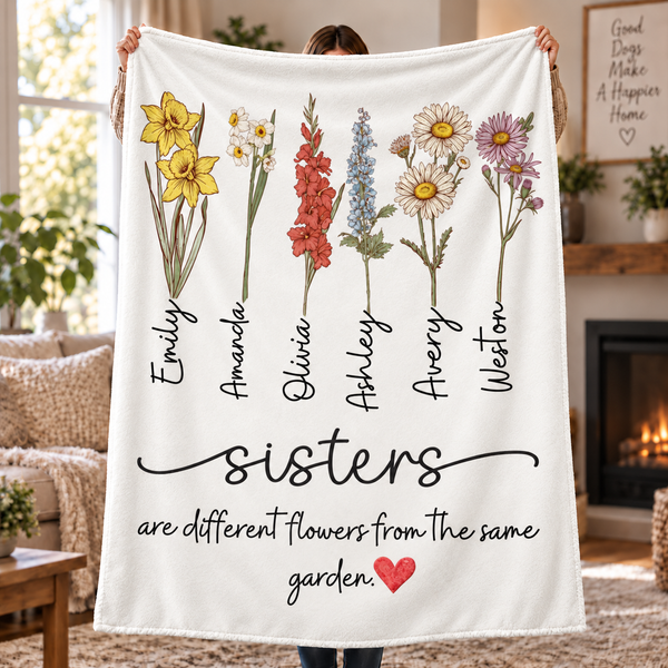 Custom Name Sisters Birth Flower - Personalized Custom Blanket - Gift For Sisters, Siblings