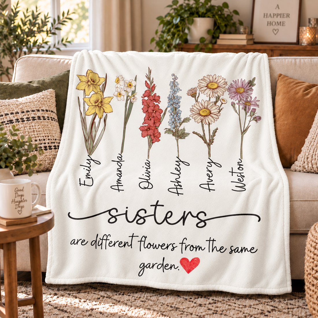 Custom Name Sisters Birth Flower - Personalized Custom Blanket - Gift For Sisters, Siblings