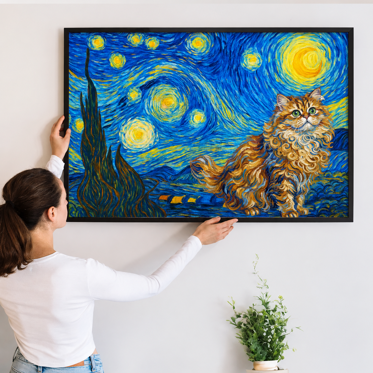 Custom Photo Starry Night Cat - Personalized Poster/Canvas Prints - Gift for Dog/Cat Lovers, Dog/Cat Mom, Pet Lovers