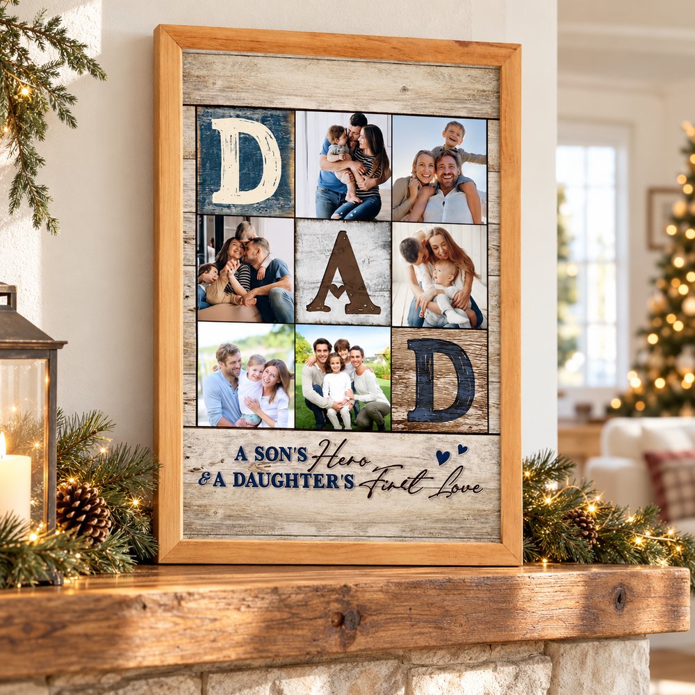 Personalized Dad photo collage framed print displayed on a holiday mantel